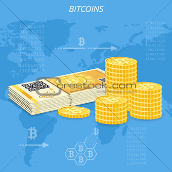 Crypto currency bitcoin banknotes and coins