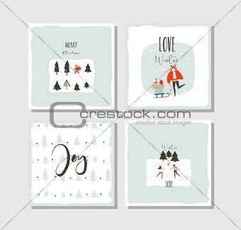 Hand drawn vector abstract fun Merry Christmas time cartoon cards collection set with cute illustrations,surprise gift boxes ,Christmas trees and modern calligraphy isolated on white background