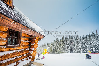 Winter vacation holiday wooden house in mountains