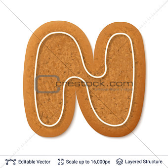 Gingerbread letter N isolated on white.