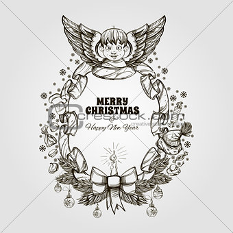 Beautiful angel with a frame made of ribbon. Decorative design element for Christmas and New Year greeting cards, invitations and other items