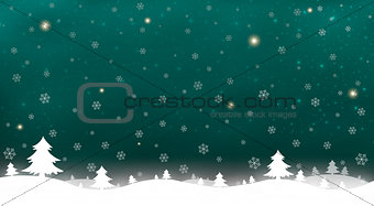 Merry Christmas and New Year of green snow star light background on blue sky
