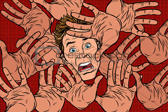 Horror fear background, hands and frightened face