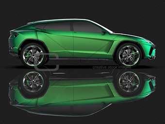 The newest sports all-wheel drive green premium crossover in a black studio with a reflective floor. 3d rendering.