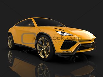 The newest sports all-wheel drive yellow premium crossover in a black studio with a reflective floor. 3d rendering.