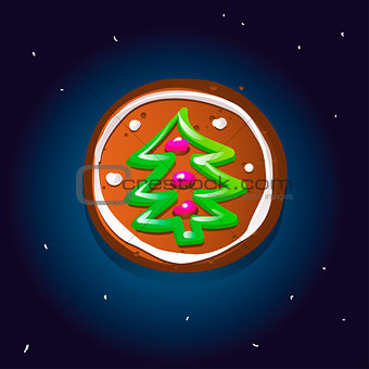 Cute gingerbread cookies for christmas with a Christmas tree. Night sky background. Vector illustration