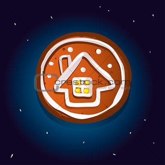 Cute gingerbread cookies for christmas with a winter house. Night sky background. Vector illustration