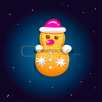 Cute gingerbread cookies for christmas in the form of a snowman. Night sky background. Vector illustration.