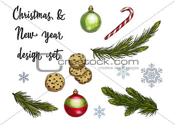 Set of Christmas and New Year decoration and holiday elements. Vector illustration.