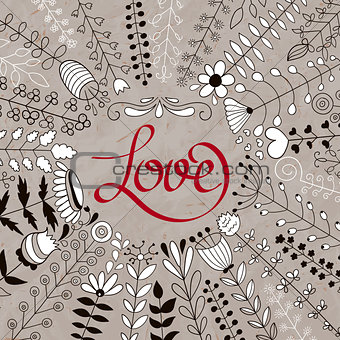 Vector Floral Wreath and Love Lettering