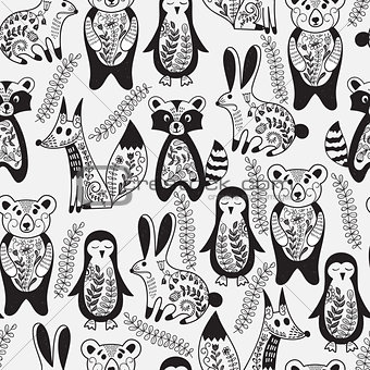 Vector Seamless Pattern with  Animals and Spring Branches