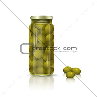 glass jar with olives and reflection