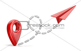 Red map pointer and paper airplane. Traveling concept 3D