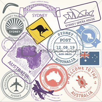 Australia travel stamps set with landmark of Sydney - journey sy