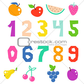 Kid math numerals and fruits bright signs vector isolated.