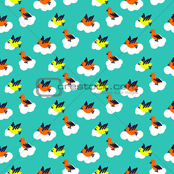Birds on clouds turquoise blue pattern seamless vector.