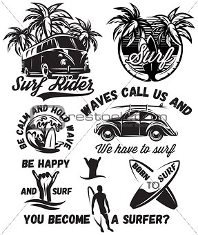 set of vector monochrome illustrations with inscriptions on the theme of surfing