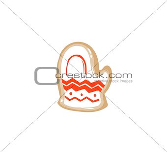 Hand drawn vector abstract fun Merry Christmas time cartoon illustration card with baked gingerbread cookie mitten shape isolated on white background