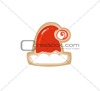 Hand drawn vector abstract fun Merry Christmas time cartoon illustration card with baked gingerbread cookie Santa Claus hat shape isolated on white background