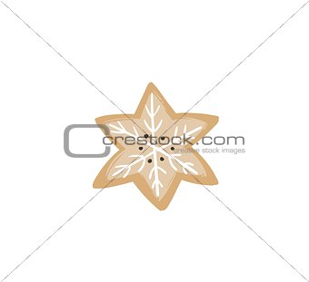 Hand drawn vector abstract fun Merry Christmas time cartoon illustration card with baked gingerbread cookie star shape isolated on white background.