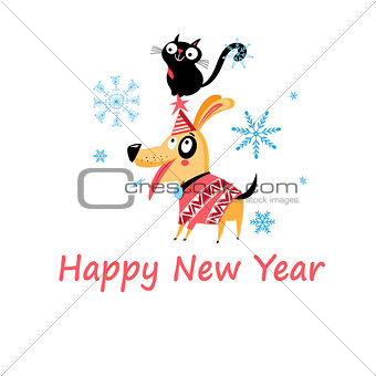 New Years bright postcard with a cat and a dog