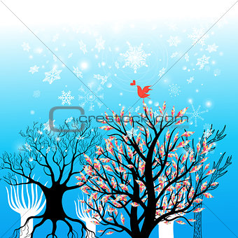 Beautiful winter background with trees and snowflakes