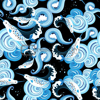 Beautiful ornamental sea pattern with narwhals 