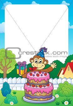 Frame with cake and party monkey theme 1