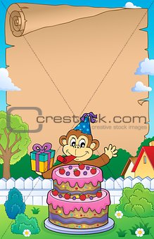 Parchment with cake and party monkey