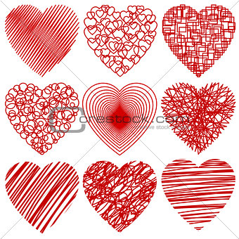 Set of abstract stylized hearts isolated on white