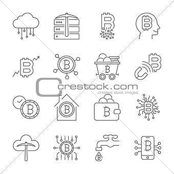 Bitcoin icons set. Digital currency. Cryptocurrency. Editable Stroke