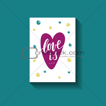 Love is hand written phrase with decor elements on card.