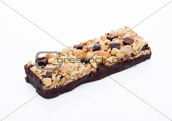 Chocolate protein cereal energy bar on white