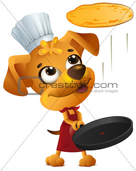 Yellow fun dog chef cook throws pancake