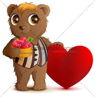 Brown bear holding basket of raspberries. Greeting card for valentines day