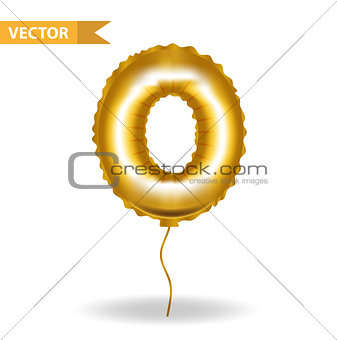 Golden yellow balloon number 0. Isolated on white background. Vector illustration.