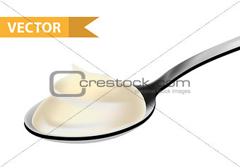 Spoon whipped cream, mayonnaise or white chocolate, realistic 3D style. Teaspoon, tablespoon. Isolated on white background. Vector illustration.