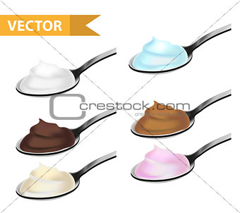 Realistic teaspoon with cream, yogurt, chocolate, caramel set. 3d tablespoon or spoon dessert collection. Isolated on white background. Vector illustration.