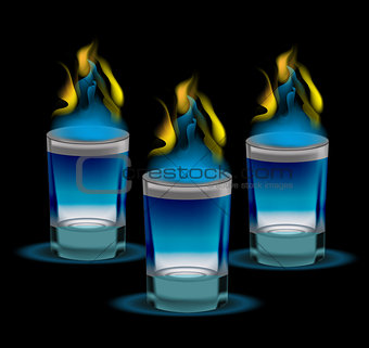 Realistic shot of cocktail with fire. 3d glass, for the restaurans, bars collection. Isolated on a black background. Vector illustration.