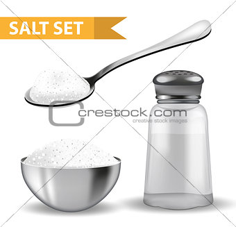 Realistic 3d set with salt shaker, spoon of salt, steel bowl. Isolated on white background. Glass jar for spices. Ingredients for cooking concept. Vector illustration.