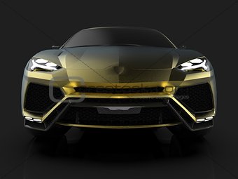 The newest sports all-wheel drive gold premium crossover in a black studio with a reflective floor. 3d rendering.