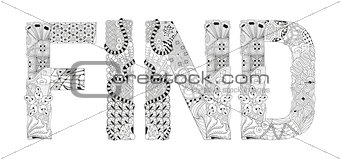 Word FIND for coloring. Vector decorative zentangle object