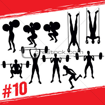 Vector silhouettes of people doing fitness and crossfit workouts