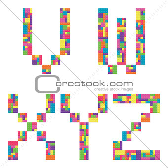 V, w, x, y, z alphabet letters from children building block icon set