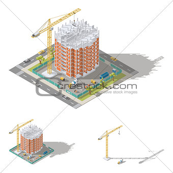 Building house, pouring a reinforced concrete frame, laying brick walls isometric icon set