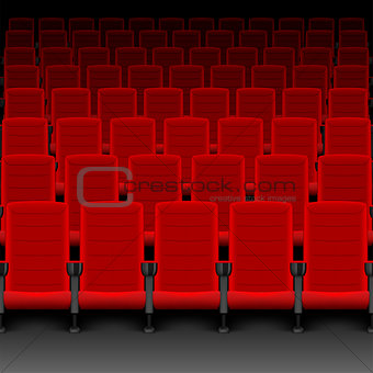 Realistic cinema hall red seats. Movie theater with rows of empty seats or chairs. Vector illustration