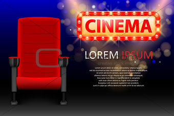 Banner design for the cinema. Realistic red comfortable cinema seats. Movie theater poster with rows and Lights. Vector illustration.