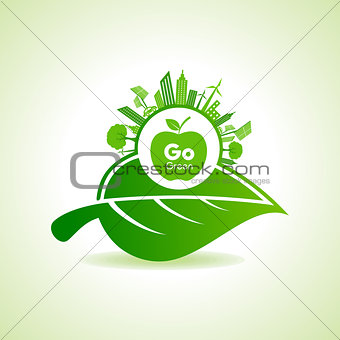 Eco Energy Concept with leaf,cityscape and apple