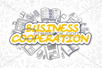 Business Cooperation - Doodle Yellow Text. Business Concept.