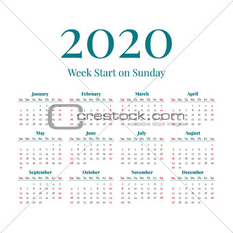 Simple 2020 year calendar